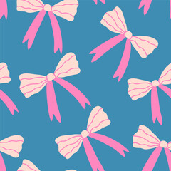 Seamless pattern with hand-drawn bows and ribbons in cute doodle style in delicate pastel colors. Vector illustration.