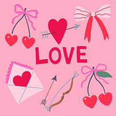Cute pink Valentine doodle elements, hearts, bows, coquette cherries. Valentine card. Hand-drawn vector illustration.