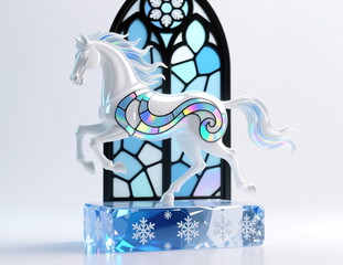 A crystal sculpture of a horse on a pedestal made of ice and snowflakes. Stained glass style.