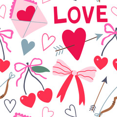 Seamless pattern with coquette cherry and bows. Heart-shaped berries with ribbons. Romantic trendy hand-drawn vector illustration.