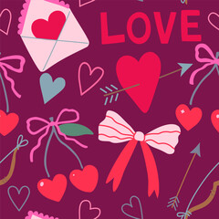 Seamless pattern with coquette cherry and bows. Heart-shaped berries with ribbons. Romantic trendy hand-drawn vector illustration.
