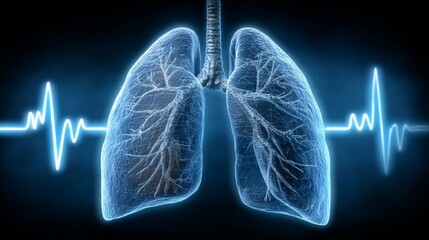 A transparent lung image superimposed on an ECG recording, depicting cardiovascular risk arising from respiratory problems and cardiopulmonary interactions