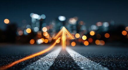 A light‑traced arrow moving forward over the cityscape, symbolizing strategic planning, direction, momentum, and goal alignment