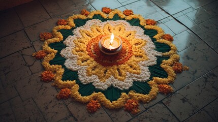 View of a Rangoli design made with colorful materials and a decorative lamp in a house during a festive evening celebration