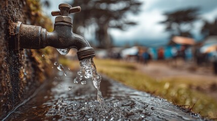 An open tap provides clear drinking water to a rural community, emphasizing water management, access, hygiene, and infrastructure