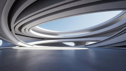 3d render of abstract futuristic architecture with empty concrete floor. Scene for car presentation.