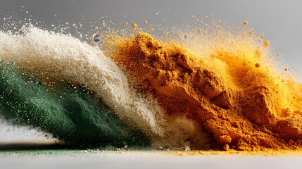 Colorful powders of saffron, white, and green are arranged in a flat lay style on a neutral background near local vendors