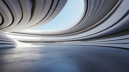 3d render of abstract futuristic architecture with empty concrete floor. Scene for car presentation.