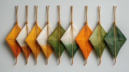 Colorful Indian paper kites arranged in a line with vibrant saffron and green tones