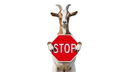 goat holding a red stop sign, road sign, solid white background
