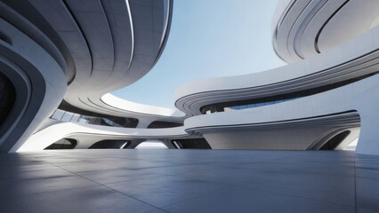 3d render of abstract futuristic architecture with empty concrete floor. Scene for car presentation.
