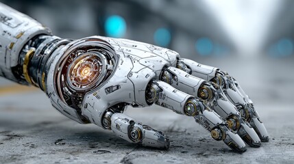 A robotic arm with multiple joints operating on a production line represents industrial robotics, automation, precision, and the shift toward digital factories