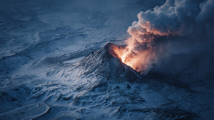 Aerial photo of snow-covered Barda bunga volcano erupting