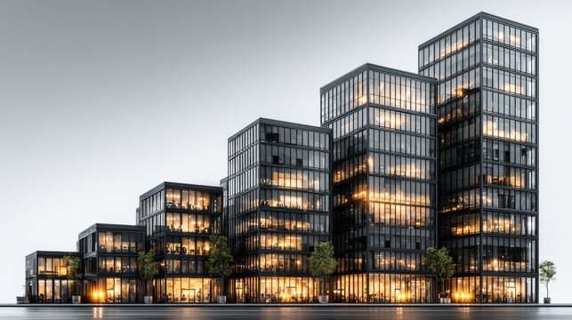 A collection of model office towers arranged by ascending height, representing the increase in company size and organizational scope