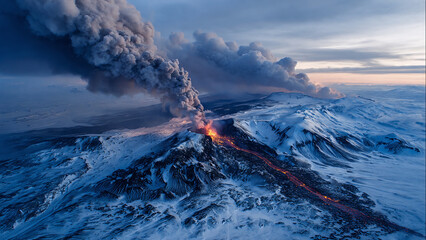 Aerial photo of snow-covered Barda bunga volcano erupting