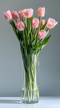 R&oacute;żowe tulipany w szklanym wazonie na szarym tle &ndash; minimalistyczny wiosenny bukiet, dekoracja wnętrza i świeżość