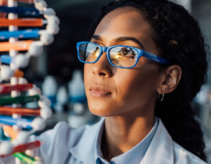 A woman with blue glasses carefully studies a complex DNA helix model, symbolizing scientific inquiry, genetic study, experimentation, and advancement.