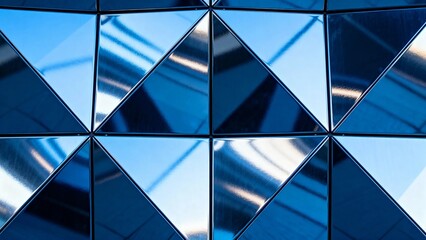 Close-up glass and steel facade of modern office building, abstract geometric architecture pattern with metal panels, urban business exterior, futuristic city design