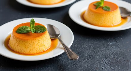 Delicious Caramel Flan Dessert with Fresh Mint Garnish Served on White Plates with Spoon