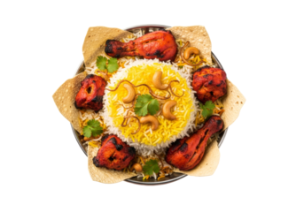 tandoori chicken biryani platter with corn pulao on decorative plate