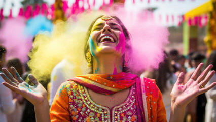 Woman celebrating Holi festival with colorful powder on her face and clothes.