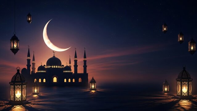 Radiant Crescent Moon over Mosque Celebrating Ramadan Nights & Joyful Eid El-Fitr Festivities