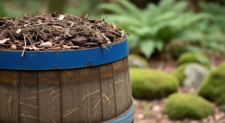 Wooden barrel filled with rich compost in a lush garden setting, promoting plant growth and natural fertilization.