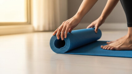 Person rolling out a blue yoga mat indoors near a window.