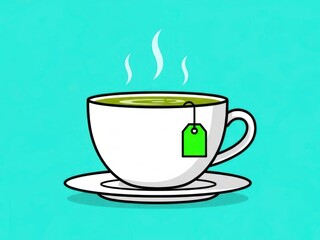 A steaming cup of green tea with a tag simple illustration style