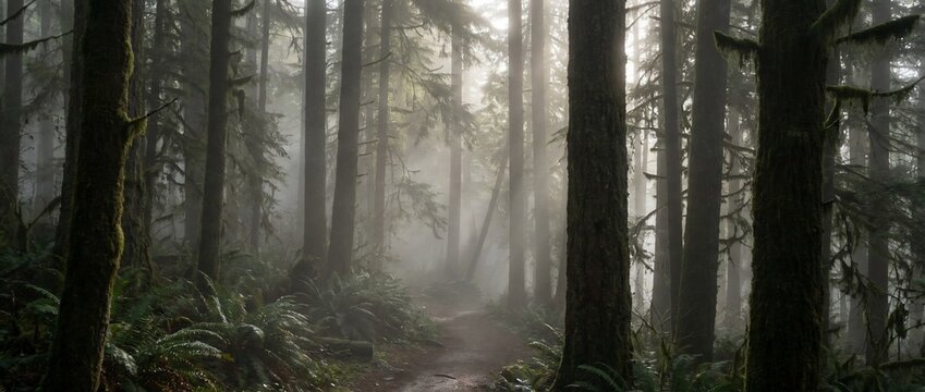 Sunbeams piercing through thick fog in a dense evergreen forest