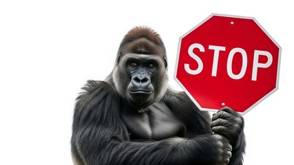 gorilla holding a red stop sign, road sign, solid white background