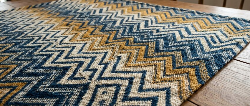 Blue and Gold Zigzag Pattern Woven Fabric on Wood Table - Powered by Adobe