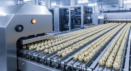 Rows of Delicious Cookies Being Transported Along a Conveyor Belt in a Modern Food Factory Production Line
