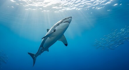 Fototapeta premium Great White Shark Swimming Gracefully in Deep Blue Ocean with Sun Rays