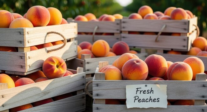 Abundant Fresh Peaches Overflowing from Wooden Crates at a Bustling Farmers Market Display