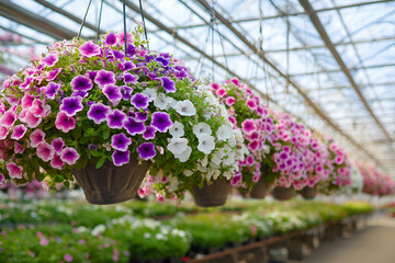 Wiszące donice z petuniami w szklarni, kolorowe kwiaty balkonowe w rzędach, uprawa i sprzedaż roślin ozdobnych.