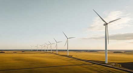 Wind Turbine Farm Generates Renewable Energy in Open Field at Sunset