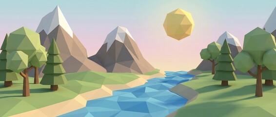 Low poly mountain landscape with winding river and trees