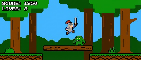 Retro Style Side Scroller Video Game with Knight and Monster