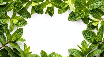 Fresh Green Mint Leaves Framing a Blank White Space in Center of Image