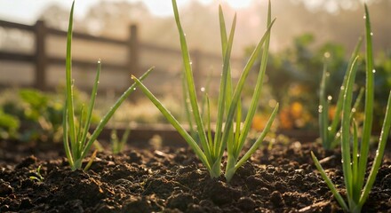 Fresh Green Onions Growing in Organic Garden at Golden Sunrise