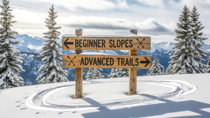 Ski trail signs indicating beginner slopes and advanced trails in snowy mountain landscape. Snow-covered terrain features directional signage for skiers of various skill levels.