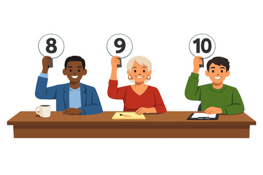 Vector illustration of a diverse jury of men and women judging a contest, holding scorecards and voting at a table