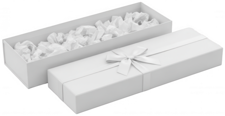 Open white long rectangular gift box with lid and crumpled tissue paper inside, adorned with a delicate white satin ribbon bow, isolated on transparent background