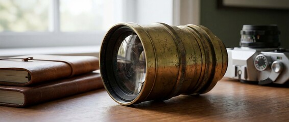 Antique Brass Camera Lens on Wooden Desk with Notebooks