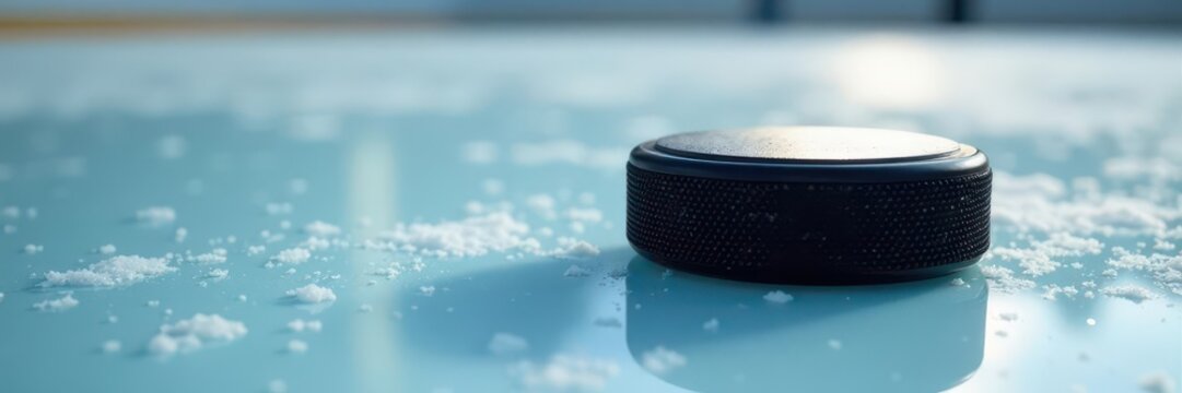 Black vulcanized rubber puck on ice rink surface, winter, background