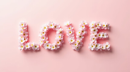 Word love formed from small pink flowers placed on soft pastel background. Floral concept for romance, valentine, wedding cards and love messages