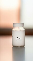 Clear glass bottle with white lid labeled Zinc containing small white tablets on a reflective surface with a soft blurred background and warm light