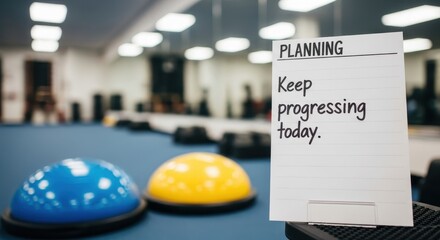 Motivational planning sign with 'Keep progress today' message displayed near a billiard table indoors