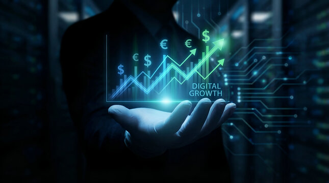 Businessman presenting digital growth graph with currency symbols on hand in dark background with circuit board with finance and chart and success and profit and wealth - Powered by Adobe
